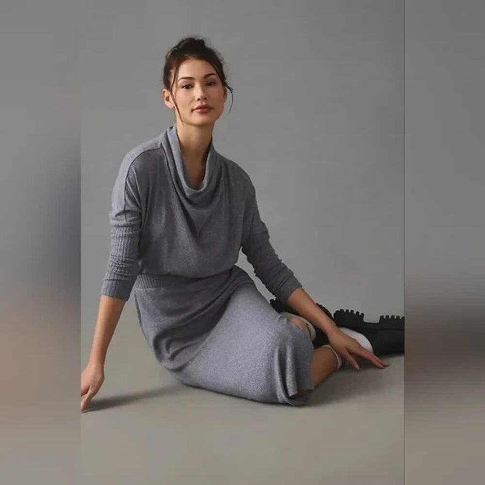 Anthropologie Daily Practice Gray Arabella Cowl Neck Drapey Midi Sweater Dress